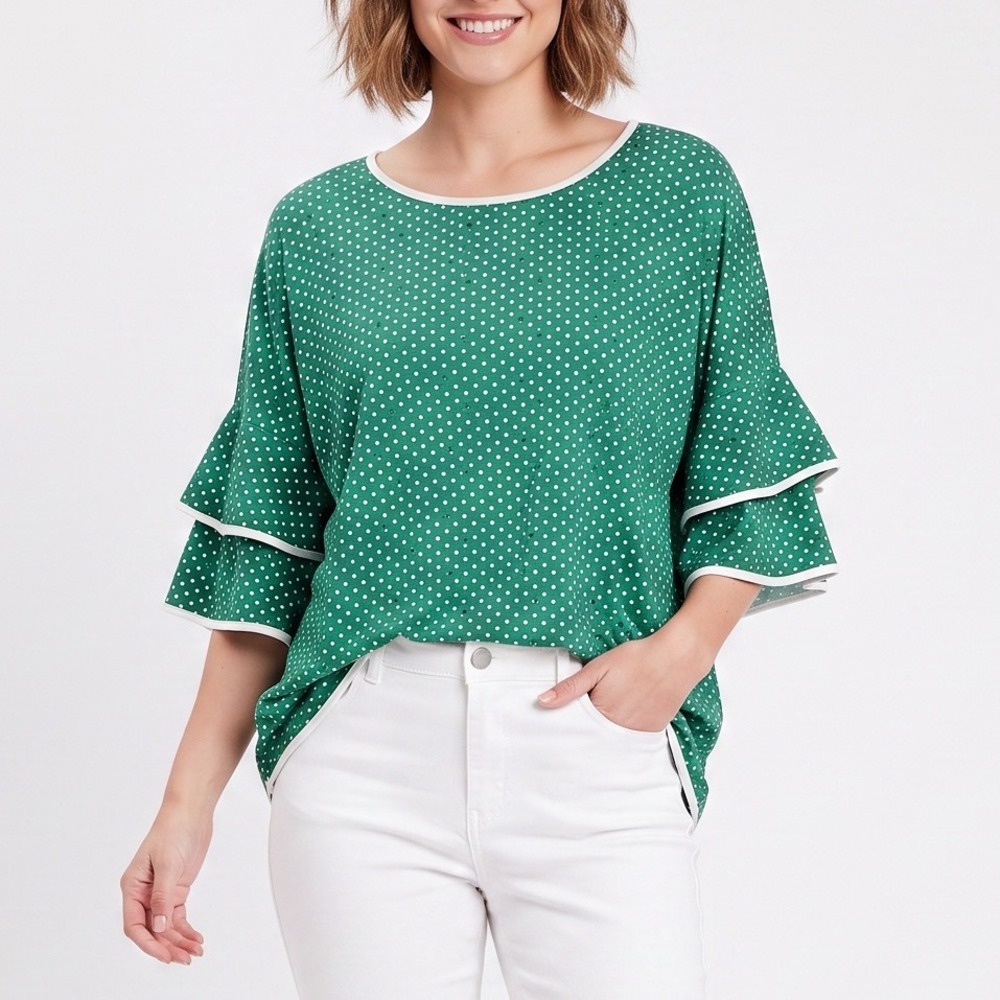NY Collection Blouse Woman 2X Green Polka Dot Ruffle Sleeve Excellent